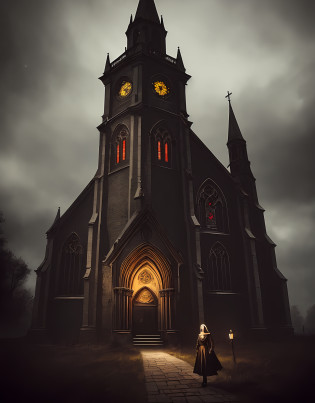 There are church images of bell towers and dark skies, dark gloomy church, gothic church background, photorealistic dark concept art, dark gothic cathedral, Beautiful and eerie atmosphere, creepy and dramatic atmosphere, Gothic Atmosphere, Cyberpunk Church, Ominous foreboding and eerie lights, gothic art style, scary gothic architecture, Dark style?afofuturism?A beautiful woman stands under the church?mito