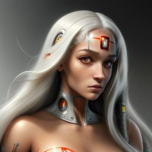 Cyborg, marbel white, open brain with fibers, long hair, looking at viewer,  closed mouth,   <lora:alia-02:1>