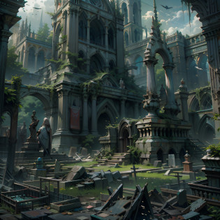 Aalfid view of the cemetery?In the background is a church, photorealistic dark concept art, highly realistic concept art, ornate city ruins, stunning photo real concept art, dark ruins landscape, Ruined cityscape, Ruined city, stunning concept art, dark city ruins, highly detailed concept art, highly detailed matte painting, Ruins of the City of the Fallen Kingdom, game art matte painting