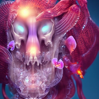 goddess close-up portrait ribcagel. jellyfish phoenix head, nautilus, orchid, skull, betta fish, bioluminiscent creatures, intricate artwork . octane render, trending on artstation, t symmetrical artwork. cinematic, hyper realism, high detail, octane render, 8k