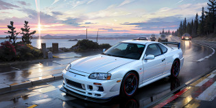 masutepiece, Best Quality, Official art,   day, in spring, cloudy, skyporn, Beautiful detailed sky, light, Official art, ighly detailed? day, in spring, cloudy, Beautiful detailed sky, light, 1Car, (Car:1), motor car, ground vehicle, sportscar, Nissan, Blue car, Skyline R33, vehicle focus, mountain road, The picture is real, the body reflects strongly, Increased contrast, Photos are rich in detail,girl with?japanes