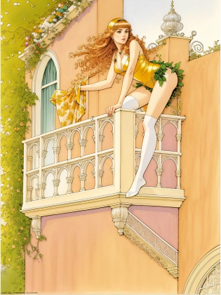 a painting of a woman in a costume on a balcony, milo manara, milo manara style, michael kaluta, milo manara - h 1 2 0 0, by Jos� Comas Quesada, beautiful comic art, by Roy Dalgarno, large view, by Glenn Fabry, by John Keane, inspired by Patrick Woodroffe