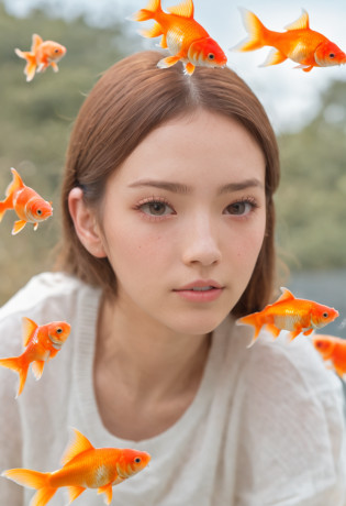 18 year old girl model in car full of goldfish, goldfish can fly, art by Rin Kawauchi, style in naturalistic pose, vacation dad, youth energy cool and depressed, body stretching, goldfish in the sky, simulation movie, super detail, fantastic Loepfe photography, colorful, realistic, 3D