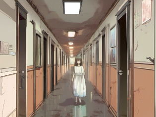 Menina fantasma, lurking in a hallway of a sanatorium, ambiente sujo, abandonado, clima tenso, terror, horror, 8