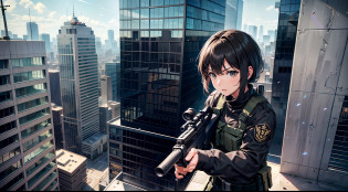 PMC, CQB, CQC, sniper rifle, battle girl, top of building, black clothes, firing, from above
