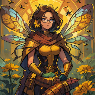 A bee woman A villain for RPG inspired by a bee A woman with the colors and elements including wings of a wasp bee A villain who represents the essence of a bee She is in a hive with lots of magic and honey illustrating the image He wears glasses that symbolize the eyes of bees Colors of bees An art for RPG A character for RPG A villain Medieval RPG Art RPG fantasy RPG a Illustration for RPG a digital art