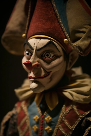 cinematic still portrait, filmed by Tim Burton, Puppet of Jester with mocking eyes. ::5 The Puppet wears traditional Fool's outfit and a cap 'n' bells hat. He stands on a puppet's theater stage ::4 portrait shot, cinematic lighting, Camera 1970's Leica M3 rangefinder, Summicron 35mm lens, with a wide aperture of f2, ISO 600, shutter speed 1/50, on 1970s Kodak colour film. ::3 eye level shot, close up, cinematic lighting, dramatic lighting Puppet style::4 --no bad anatomy, text, signature, watermark, username, low resolution, worst quality, low quality, jpeg artefacts, blurry, cropped, badly framed --ar 2:3 --v 4 --c 60 --s 600 --seed 191013 --s 50
