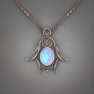 a delicate elvish moonstone and opal necklace on a velvet background, jewelry design, symmetrical :: intricate motifs, leaves, flowers :: 8k octane render, high-definition photography, product photography :: --no writing, signature, people, models, women, female, neck, chest, torso