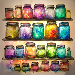 a painting of a shelf with jars of different colors, jars, alcohol ink art, dreamscape in a jar, jar on a shelf, colorful concept art, large jars on shelves, colorful spells, colorful lanterns, alcohol inks on parchment, alcohol ink painting, glowing jar, glass paint, magical potions, hyperdetailed scp artifact jar, beautiful artwork