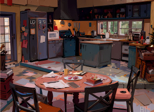 There is a table with a plate of food in a kitchen, Cena realista, old kitchen backdrop, cenografia, cenografia detalhada, fundo do diner, Cozinha da casa em um dia ensolarado, Vista angulada do pano de fundo da cozinha antiga, fan art, cut-cena, um hiper realista, overheard camera view of kitchen, dark kitchen de um estudante de arte, fundo da cozinha