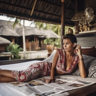 Female lying on a bed, almost white bedding; Bali; relax, read a BAZAAR magazine; Photo by Alexandr Tikhomirov; detailed touches; dressed beautiful pretty face with roughly skin, pretty clothes, levity; ultra realistic photo --q 2 --s 750 --v 5 --chaos 28 --v 5 --q 2