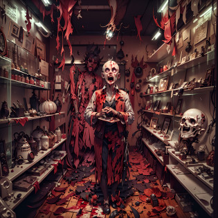 Paper Cuttings style? (((Inside the bloody parts store)))The shelves are full of horror, blood vessel, sci-fy ,(crowed:1.2),[Creepy mannequins], [Horrible amputation], [Bloody tools], [Rotting organs], [Terrible surgical instruments], [Disturbing dissection table], [Eerily dim lighting], [Sinister atmosphere][Creepy sculpture], [Disturbing mural], [Horror movie props], [Creepy doll head], [Haunting reflection], [Creepy shadows], [Morbid curiosity], [Creepy glass jars], [Ominous background music], [Creepy costumes], [Distorted mirror], [Menacing mannequin eyes], [Spooky abandoned aisles], [Bloody floor], [Haunted whispers], [Psychotic salesman], [Creepy window display], [Scary realistic mannequin limbs], [The screams echoed in the distance], [sinister expressions], [Strange mannequin face], [Grinding chains], [eerie fog], [The Mad Scientist Lab resonates], [Bloodstained price tag], [creepy atmosphera]