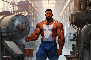 ((factory worker)), (muscular man), giant muscles, sexy, full body portrait, intricate, elegant, highly detailed, digital painting, artstation, concept art, smooth, sharp focus, illustration, art by artgerm and greg rutkowski and alphonse mucha, ((factory worker unifrom))