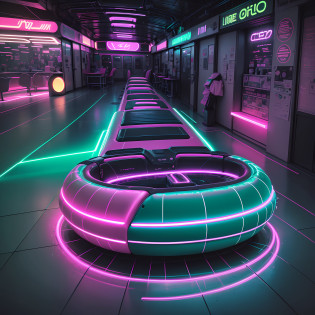 Arafed in a bumper car with a neon light in the background, carrinhos de choque, inflatable, with neon lighting, lined with neon tube lights, em uma nave espacial, Jacuzzi neon, com luzes neon, Cyber LED Neon Lighting, luzes neon e adiciona, Corrida louca girando, neon iluminado, luz de aro neon, neon aesthetic, cyber neon lighting, trono --auto --s2