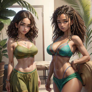 HD masterpiece, curly hair wavy hair, brown Hispanic female, brown skin, olive skin, wearing blue aztec bra, green aztec dress, midriff,