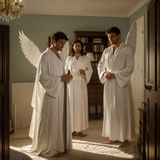 Archangel Michael and two heavenly angels guard in the bedroom of a house, at night, side of someone's bed sleeping, angels standing next to each other, many angels, angels protecting family, large white wings, holding flaming sword, white robe, around heavenly flames, Jamie Dornan Archangel Michael, wearing short black beard, focus on the details of the face,  Coming out happy rays, serious and attractive man, wearing white robe, magical and real effect, movie cover, with magical light explosions, powerful celestial warrior, similar to actor Jamie Dornan, picture background inside a house in the bedroom, (8k, RAW photo, best quality, masterpiece: 1.2), (realistic, photorealistic: 1.37), professional lighting.