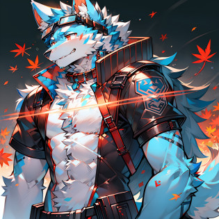 solo person?Furry?werecreature?Male white wolf?Blue fur?Blue tail?White ears?Blood-red eyes?Red collar?musculature?male people?Handsome??The furry feeling of animal ears??with gun?commando?rifles?cyber punk perssonage?Tech goggles?Maple leaves fall?autumnal