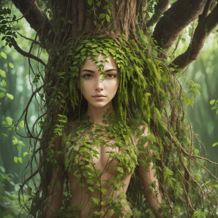 Plant woman, with hair from plant roots, and her body formed by tree roots, whole body image, plant woman, woman with plant body