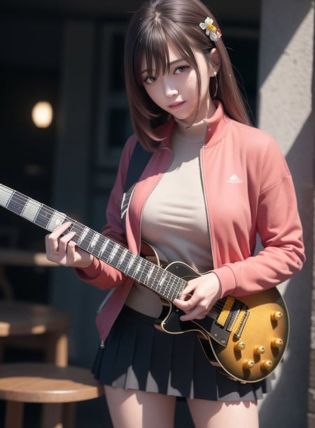 (photorealistic:1.4),best quality, ultra high res,
4k, instagram, 
higly detailed,
 black skirt, black socks, blue eyes, (cube hair ornament), (hair ornament), earphones, electric guitar, gibson les paul, guitar, holding, holding instrument, instrument, jacket,light particles, music, (pink hair), (pink jacket), playing instrument, pleated skirt, skirt, track jacket, 
VirtualGirl-Aim, medium breasts, long hair, crystal pendant,
<lora:virtualgirlAim_v20:0.5> ,  <lora:hitoriGotohBocchiThe_v1:1>