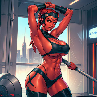 1girl, Sienn Taruna the busty Sith warrior maiden, ((busty, cleavage, underboob, sideboob, tight ass)), masterpiece, best quality, high-definition, ((red skin), twi'lek), stretching, working out, evil space knight, space ninja, (wearing black halter top, gym shorts, ((busty)), slender body, thin, slim sexy body, slim waist, ((((huge breasts, big ass))))), futuristic gym,, Star Wars,