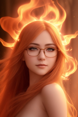 Masterpiece, best quality, hair turned into fire, hair on fire, fantasy, (ray: 1.05), orange light particles, landscape, fire, beautiful and detailed explosion, beautiful detailed glow, flames burning around, flames Burning around, fire plume, burning, (burning forest: 1.34), (bare trees: 1.05), ashes, (red sun: 1.05), (flame around character: 1.1), solo, crazy smile, ( detail: 1.05), high resolution illustration, radiant skin, colorful, (ultrafine: 1.1), (illustration: 1.05), (detail light: 1.05), (extremely delicate and beautiful: 1.1), beautiful detail girl, depth of field , white_long_hair, orange_eyes, eyelashes, dark eyelashes, eyeliner, soft glowing eyes, thin gold-rimmed glasses