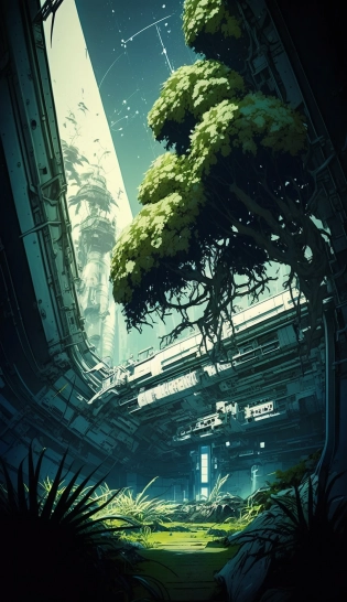 lush vegetation inside a huge sci-fi space station, trees with roots braid the walls, vegetation, gigantism, sci-fi multistory space, in the background of endless space, location, dusk, dystopian environment, game art, Tsutomu Nihei style, Blame! , Sidonia no Kishi, anime, manga graphics, drawing, lots of small details, hyperdetail, highest quality, highest detail, flashing lighting, ambient lighting, third person view, 8K, Ultra-HD, Optical Fiber, --no Person --q 2 --ar 9:16