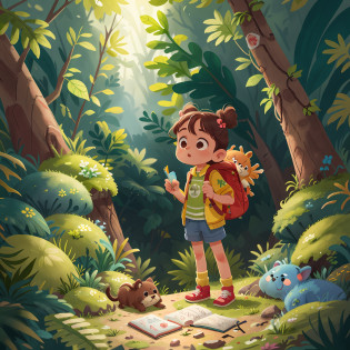 menina olhando para floresta curiosa com uma mochila nas costas, encontrando um mapa, (Obra-prima: 2.1) (Realista: 1.2) (Bokeh) (Melhor qualidade) (Pele detalhada: 1.3) (Detalhes intrincados) (8K) (Olhos de detalhe) (foco n�tido) 2.1