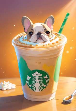 Unique, Cartoonish playful French bulldog-shaped cup, Colorful Starbucks-style frappuccino, French bulldog Starbucks style logo.