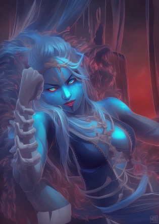 anime - style image of a woman with blue eyes and a skeleton hand, beautiful avatar pictures, blue tiefling, kali, blue-skinned elf, detailed fanart, attractive tiefling druid, djinn human hybrid, highly detailed exquisite fanart, tiefling, a very beautiful berserker woman, alluring tiefling druid, avatar, shiva, full color illustration