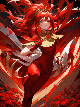 Generate high-quality, vibrant red images of women. She is dressed in a sophisticated fashion style and wears elegant outfits based on red. The background is a landscape with abstract and fantastic elements, interspersed with motifs of red flowers and flames. Her poses are fluid and give a sense of graceful movement. The effects of light and shadow are vividly expressed, and the faces and expressions that are carefully depicted in the details of the red costumes and makeup are emotionally revealed. The overall atmosphere is contemporary, yet has its own artistic touch, which brings out the passion and strength of red. This image is vividly colored in red, evoking visual stimulation and aesthetics, and will intrigue and surprise the viewer.