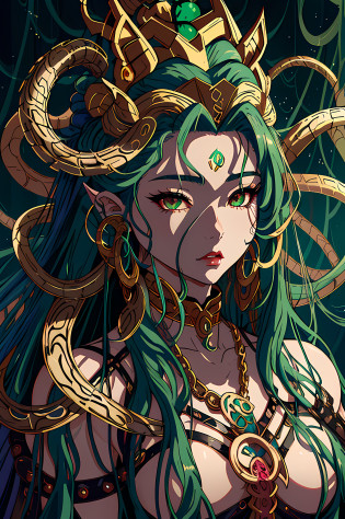 a close up of a woman with a snake head and a snake on her head, beautiful female gorgon, female medusa long hair, portrait of teenage medusa, fierce medusa, epic fantasy art style, detailed digital anime art, deviantart artstation cgscosiety, fantasy art style, portrait knights of zodiac girl, medusa portrait painting, detailed digital 2d fantasy art