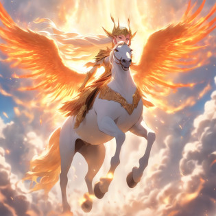 The image shows a determined queen of elves riding atop a magnificent white winged stallion through the bright, white sky. The queen's long, flowing hair glows in the sunlight as she utilizes her incredible power to shape flames with her bare hands. The stallion's wings stretch out majestically behind them as they soar through the clouds, leaving a trail of white mist in their wake. The overall effect is one of strength, power, and magic, as the queen confidently and fearlessly rides through the sky, reigning over her kingdom of elves below.