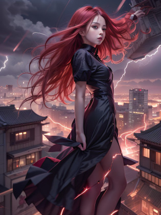 Black goth-rowley girl floating in the city with lightning,Gothloli albino girl floating in the city with one hand,Woman in black dress with red and black hair, Gothic Maiden girl, girl in black dress, 1 7 year old girl,Old Goth girl, an elegant gothic princess, artwork in the style of guweiz, in the art style of bowater, dreamy gothic girl, 8k high quality detailed art, gothic art style, wearing a gothic dress,closing,Wearing underwear,Red Eyes,Looking down,white  hair,Wind,Head tilt,White hair, Silver hair, Long hair, Blunt bangs, Straight hair, Big hair, expressive hair, (Red eyes that glow intensely:1.8), Downward eyes, (Red Eyes:1.5),small tits,Thin leg,Crazy, Disappointed,wide Shots,wide angles,sideshot,3 views,,(Close up portrait of a person in a black dress flies over the city:1.7),People fleeing the busy streets of the city lined with shops??, busy street, Street crowded with people, photograph of the city street, japanese downtown, Traditional Cities of Japan, Busy streets,busy cityscape, bustling city, Crowded with people, Bustling streets in the moon, crowdedstreets, shutterstock, Bustling small town streets,bad weather?A huge amount of purple lightning came out of the girl's hand and hit the city,Dark clouds cover the city pierced by clouds of lightning, Lightning clouds, Atmospheric lightning, Pink lightning, With thunderstorms, Dark storm with lightning, Dramatic purple lightning, Lightning in the sky, Contrast Lightning, thunderstorm in the sky, Lightning in the background, With lightning, Stormy weather with lightning, Upper volumetriclightning,Effect of wearing purple aura,(Control a large number of lightning with open arms:1.4),Destroy the city with a girl's lightning attack,Called nose,Lightning effect on both hands,Countless balls glowing purple around the girl,goddess of lightning, Storm, Storm outside, She attracts a lot of purple lightning,