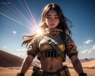 uniform solider girl, beautiful symmetric face, big kind eyes , (dynamic pose), in a dry desert , bright flare sun, heat radiate, neon sea , wide angle far away shot, cinematics 4k, 8k, desert sun and sun dunes background bright , Far view shot, flushing and fantasy, very beautiful and elegant, highly detailed, digital painting, ultra highres, (realistic, photo-realistic:1), 8k, raw photo, hyperrealism, photography, (photon mapping, physically-based rendering), <lora:add_detail:1> <lora:add_sharpness:1>