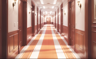 The hallway has red and white striped carpets and wooden doors, infinite corridor, the shinning hotel hallway, va-11 hall-a, long hallway, endless hallways, infinite hallways, in a hotel hallway, infinitely long corridors, liminal space hallway, infinite corridor, hallway landscape, hallways, an empty hallway, hallways, hallways