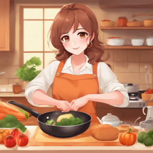 Flat anime style shading, anime woman, Anime-style characters, flat anime style,house wife?Have a frying pan, Brown hair, pinafore, Powerful Pose?kitchin, Powerful anime girl,illustratio?background orange?veggies?Baby