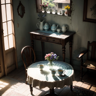 Dilapidated and shady houses?square table?Covered with patterned tablecloths?Delicate ceramic mugs with bright colors, Ceramic bowl, Ceramic bottle on the table?A few bouquets of flowers?Vivid and beautiful?Sunlight shining on the table from outside the house?particle fx?Exquisitely?the detail?