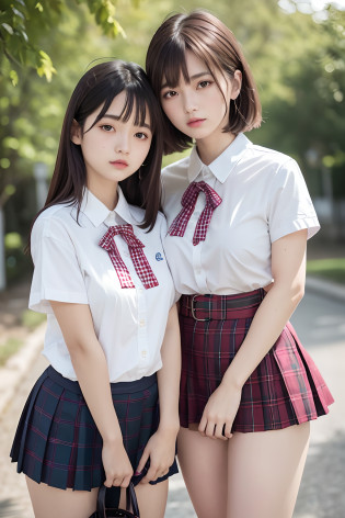 NSFW, 8K Raw photograph, Best quality, Masterpiece, ?????, filmgrain, filmg, (((Two girls,duo))), view the viewer, Natural skin texture, Realistic eye and face details, full pouty lips, lipstick, (Makeup), Red eyeshadow, Fluffy short hair, Messy hair, Smile, closing the mouth, Beautiful legs, Tall female, Skinny, Slim_Legs, duo, Pose with your hips facing you, Superskirt, hindquarters, shirt, Beautiful natural location, Location around the flowers, (Detailed background), Plaid skirts, shirt, Huge breasts peeking out a little through the shirt, Loafer shoes, The background is blurred out, Blurry, Holding, tartan, Short sleeves, JK ribbon on neck, JK ribbon, Brown hair, Bracelet, water, bangs, school uniform, jewelry, parted lip, Lips, From the side Side, Pleated skirt, Depth of field