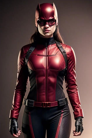 female dressed as daredevil, (full body visible), looking at viewer, portrait, photography, detailed skin, realistic, photo-realistic, 8k, highly detailed, full length frame, High detail RAW color art, piercing, diffused soft lighting, shallow depth of field, sharp focus, hyperrealism, cinematic lighting