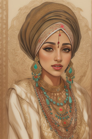 A detailed, Hand-drawn illustration of Libyan woman in traditional dress and jewelry.