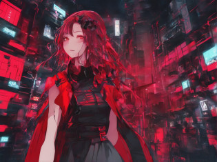 Cyberpunk futuristic psychopathic girl smiling with red effects in a gothic canary of terror, good good position, efeitos vermelhos, mulher sensual, mulher sexy, cena de terror, medo, Hand style, 4k