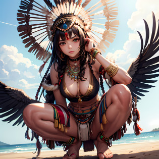 arafed woman in a feather headdress standing on the beach, feather native american headgear, feathered headdress, american indian headdress, headdress, native american, native rich jewelry, wearing a native american choker, tribal style, she has feathers, tribal clothing, wearing crown of bright feathers,( provocative indian), ornate headdress, chicken feather armor, ((squatting))