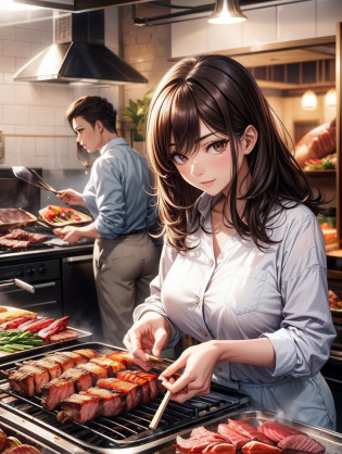 Best Quality, masutepiece, beautiful mature women?Beautiful face?Strong-minded woman?Office Suits?White trousers?brown haired?Brown-eyed?Longhaire?Undersized eyes?Yakiniku restaurant?natta?beer?Grilling meat on the net?Stove?Grilling meat on the stovetop
