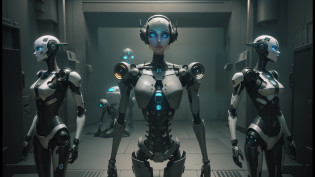 three robots are standing in a row in a room, love death and robots, death and robots, death and robots two in the void, beautiful robot character design, still from alita, love death + robots, ultra detailed female android, death + robots series of netflix, realistic robotic machinery, cyber steampunk 8 k 3 d, female robot, cgsociety 9 --auto --s2