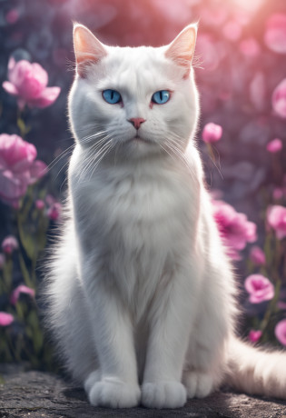 White cat?The tail of the hair has a blue color?largeeyes?Round head?Pink ears?adolable?Smart