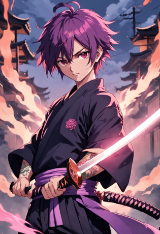 Homem, 17 anos, cabelo curto cacheado na cor rosa claro ou roxa, left eye with purple coloration, left eye with green coloration, brincos pequenos, tattoo on the left arm, Right arm wielding a fire katana, camisa preta, black pant, Kimono in pink coloring in feudal Japan style