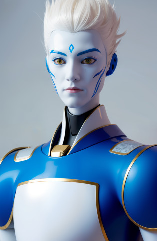 Description: Imagine and describe a detailed concept for a male robot with a human head and white hair against a backdrop of Blue Willow. Be creative and consider the overall appearance, features, and any additional elements you find interesting. Provide as much detail as possible to bring your vision to life.  Remember to include:  Physical appearance: Describe the overall body structure and proportions of the robot. How tall is it? Does it have a muscular build or a slender frame? Head and hair: Explain the design of the robot's human-like head, including the shape, facial features, and any unique characteristics. Describe the style, texture, and length of its white hair. Blue Willow backdrop: Describe the environment or setting in which the robot is placed. Consider the colors, patterns, and overall ambiance of Blue Willow, a traditional Chinese design often found on porcelain or ceramics. Additional elements: If there are any additional elements or features you'd like to incorporate into the robot's design, such as glowing eyes, intricate patterns, or accessories, provide a detailed description.