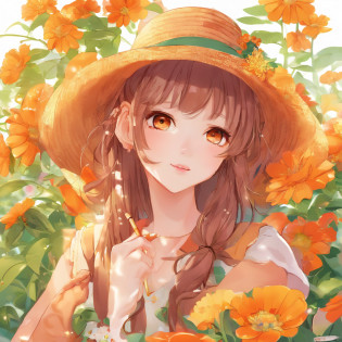 hight resolution, ultra-detailliert, 1girl in, ??, extremely detailed eye, florals, Hats, hair adornments, jewely, a straw fedora hat, looking at the viewers, Lunette de soleil, hat flower,  hair clips, ??, Red flowers, tinted eyewear, Yellow flowers, bangss, orange flower,  the ring, cups, length hair, Orange Eyewear,  brown haired, portraitures,
