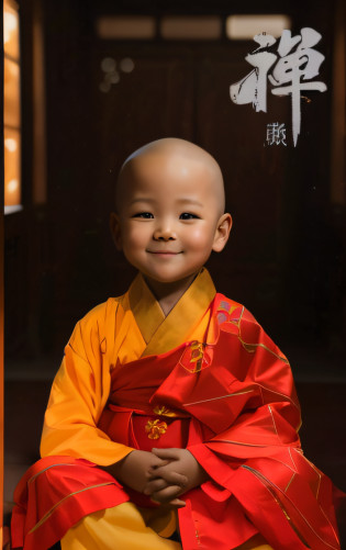 Close-up of a child in a robe sitting on the floor, lovely digital painting, profile picture 1024px, portrait of monk, monk clothes, buddhist monk, Profile picture, 2 years old, 2 1 st century monk, yanjun cheng, 3 years old, Inspired by Hu Zaobin, high quality portrait, portrait shooting,White skin, young monk, cute, no hair, 3 years old, 1 little boy, hands folded, Taoist robes, monk, Zen garden, front, facing camera,3-5year old boy,little monk,have
dimples,more aura, a red heart on the forehead, always keep smiling -aspect