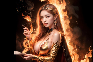 ((Best quality, 8K, Masterpiece:1.3, 1 girl, Beautiful girl, highres)), Cute, Dynamism, Detailed face, Detailed skin, Detailed eyes, Detailed lips, Detailed fingers, Detailed mouth, Photorealistic, Raw photo, Natural lighting, dynamic pose, perfect anatomy, round buttocks, round eyes, moist lips, (floating fire:1.5, fire:1.5, flame:1.5, fire background), looking at viewer, very long hair, orange hair, hair made of fire, body made of fire, dress made of fire, detailed dress, lighting, goddess, light particles, shining fire, paper cut, illustration, portrait, fairy tale, detached fire sleeves, long sleeves, cape made of fire, big breasts, spirit, girl made of fire, she is manipulating fire, holding fire, japanese girl, sky, sun, close up, hair ornaments, accessories, transparent hair, smile, sideboob